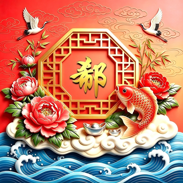红调立体浮雕吉祥纹样,顺风顺水招财微信头像