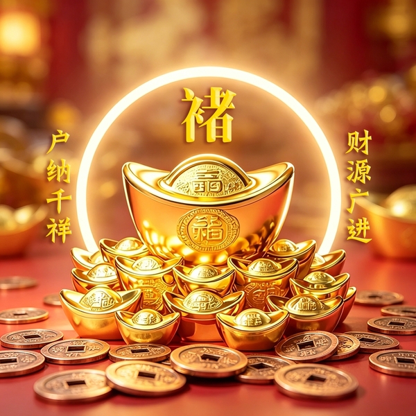 红底鎏金招财姓氏头像,传统钱币元宝元素巧妙融合